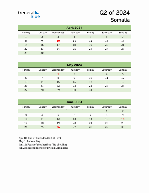 Quarterly Calendar 2024 with Somalia Holidays