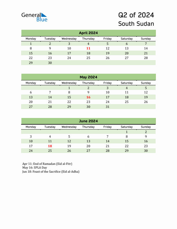 Quarterly Calendar 2024 with South Sudan Holidays