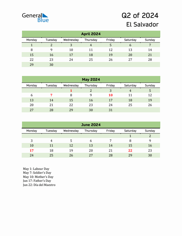 Quarterly Calendar 2024 with El Salvador Holidays