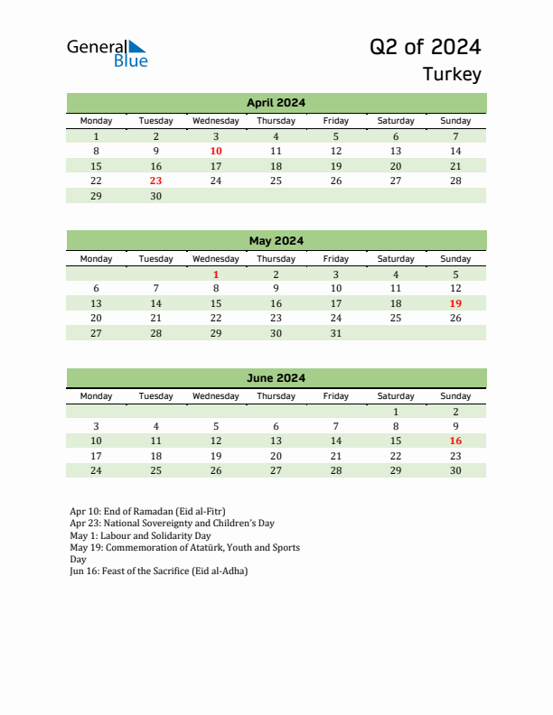 Quarterly Calendar 2024 with Turkey Holidays