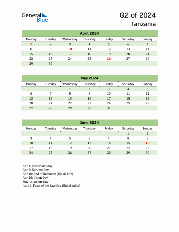 Quarterly Calendar 2024 with Tanzania Holidays