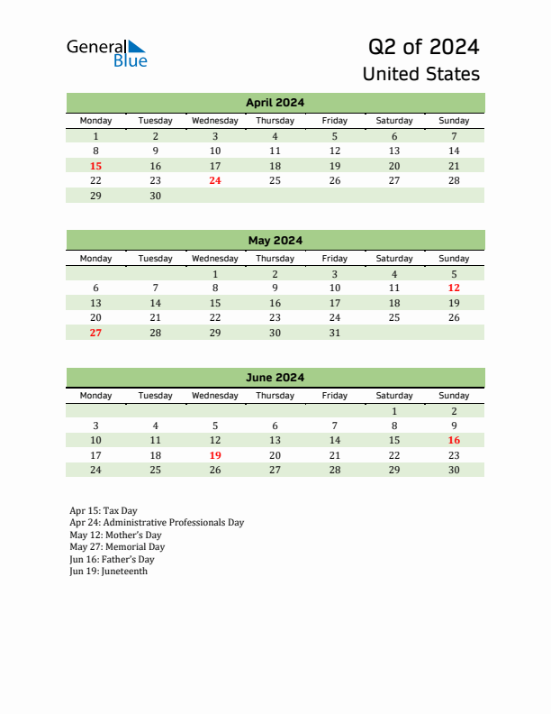 Quarterly Calendar 2024 with United States Holidays