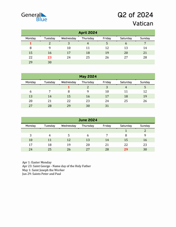 Quarterly Calendar 2024 with Vatican Holidays