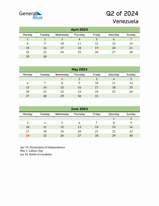 Quarterly Calendar 2024 with Venezuela Holidays