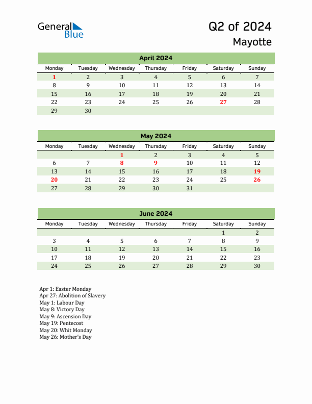 Quarterly Calendar 2024 with Mayotte Holidays