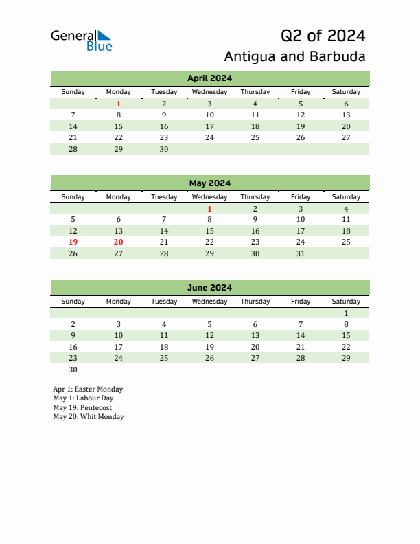 Quarterly Calendar 2024 with Antigua and Barbuda Holidays