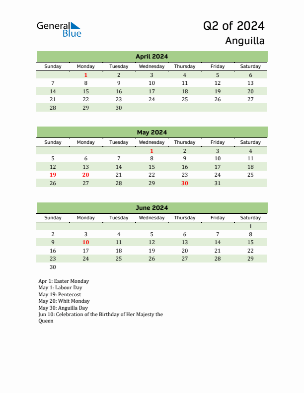 Quarterly Calendar 2024 with Anguilla Holidays