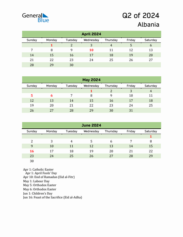 Quarterly Calendar 2024 with Albania Holidays