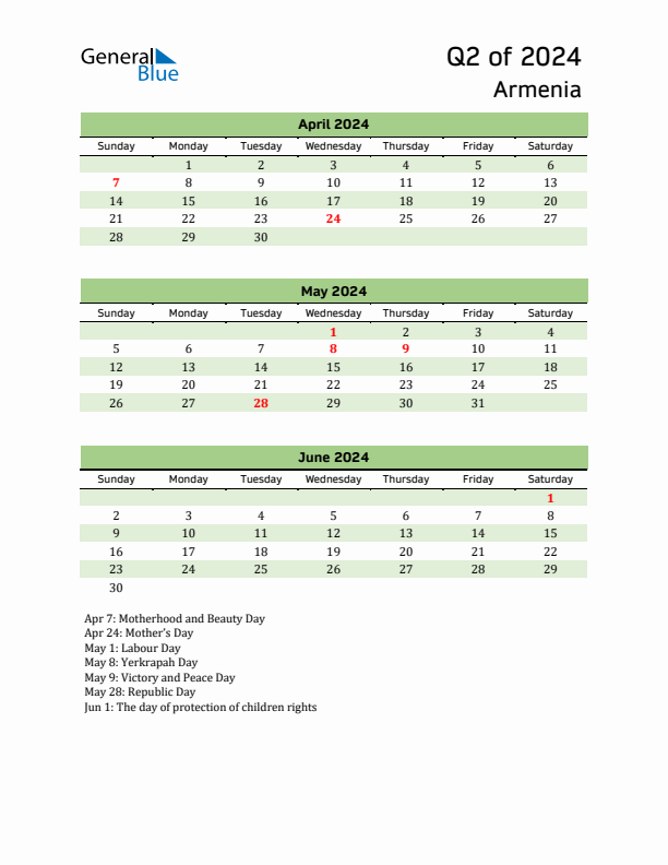 Quarterly Calendar 2024 with Armenia Holidays