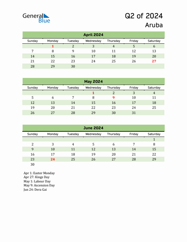 Quarterly Calendar 2024 with Aruba Holidays