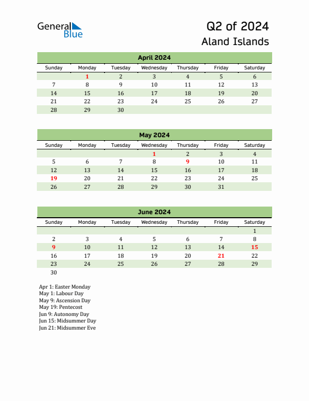 Quarterly Calendar 2024 with Aland Islands Holidays