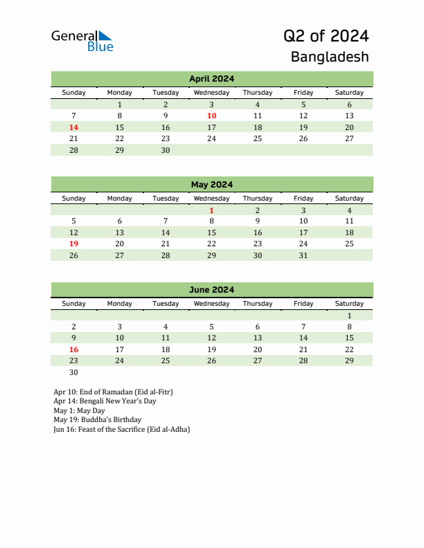 Quarterly Calendar 2024 with Bangladesh Holidays