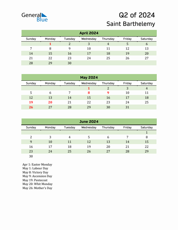 Quarterly Calendar 2024 with Saint Barthelemy Holidays