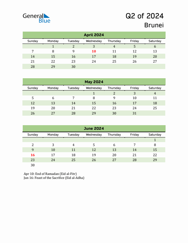 Quarterly Calendar 2024 with Brunei Holidays