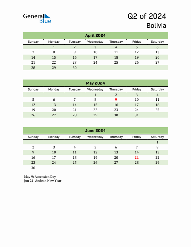 Quarterly Calendar 2024 with Bolivia Holidays