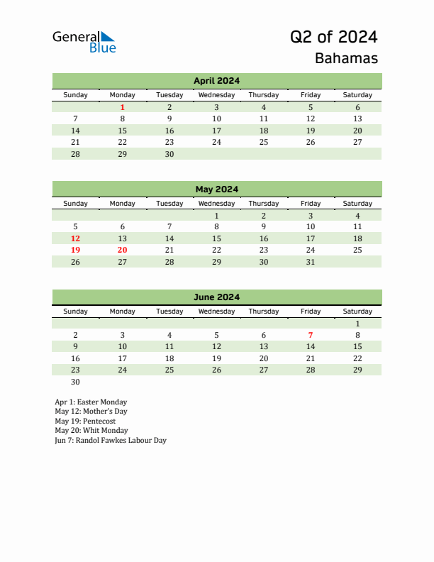 Quarterly Calendar 2024 with Bahamas Holidays