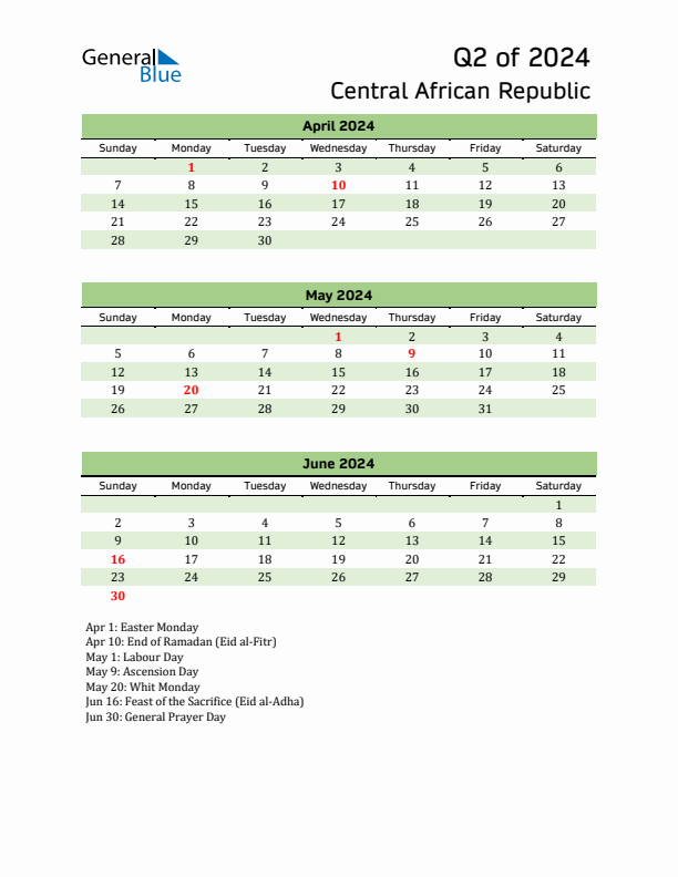 Quarterly Calendar 2024 with Central African Republic Holidays