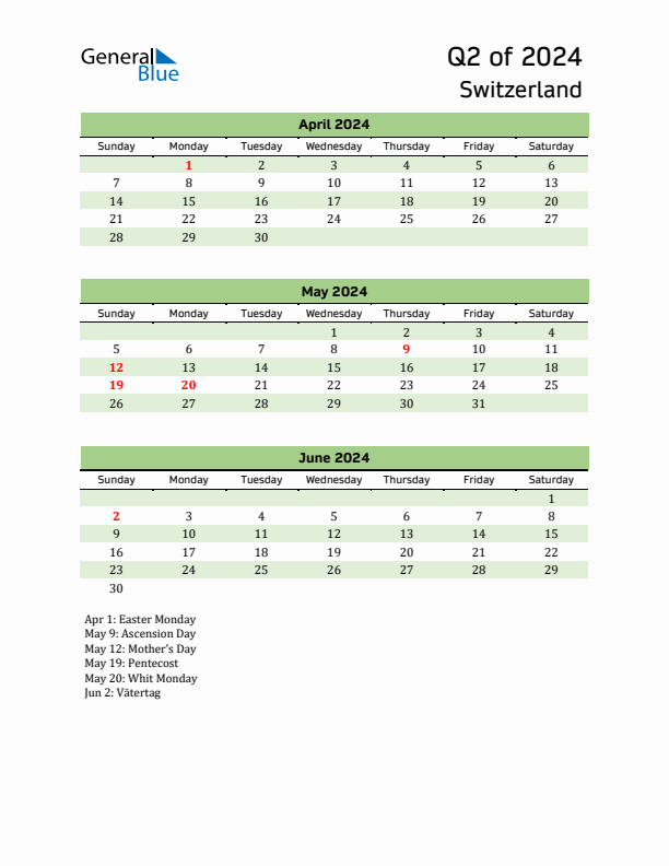 Quarterly Calendar 2024 with Switzerland Holidays