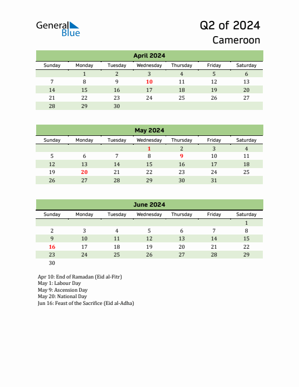 Quarterly Calendar 2024 with Cameroon Holidays