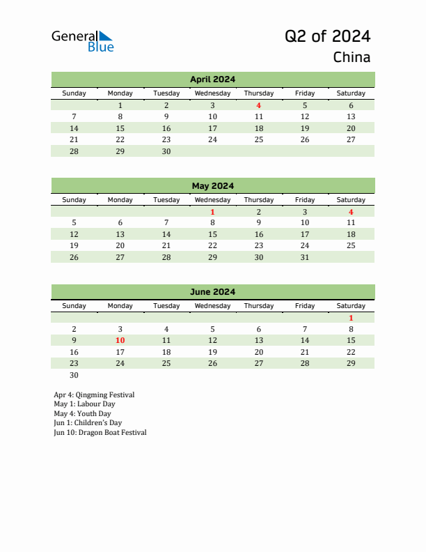 Quarterly Calendar 2024 with China Holidays