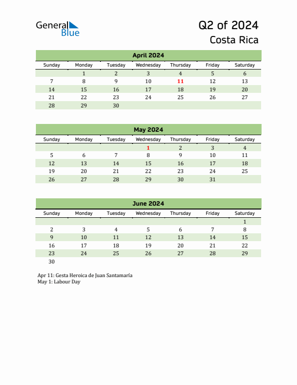 Quarterly Calendar 2024 with Costa Rica Holidays