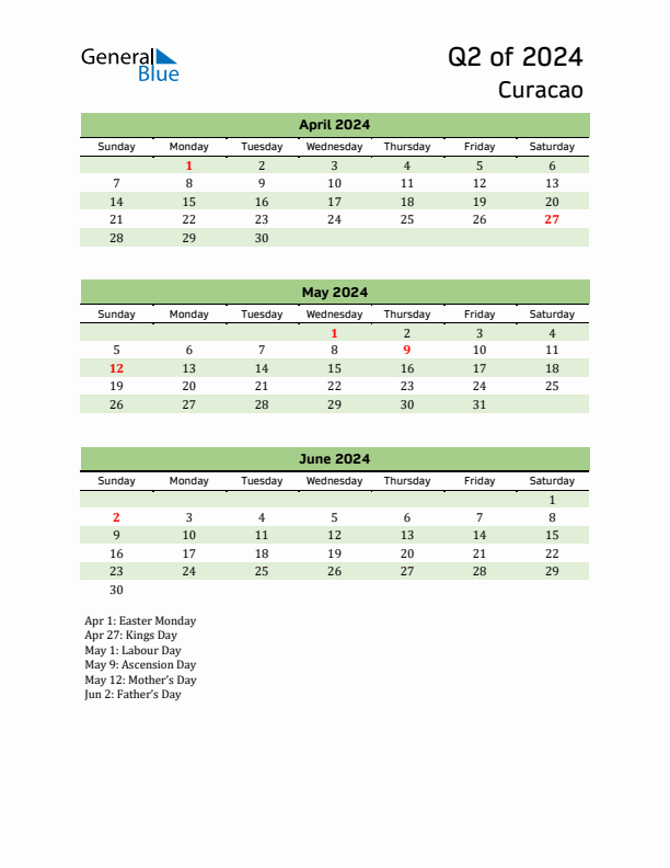 Quarterly Calendar 2024 with Curacao Holidays