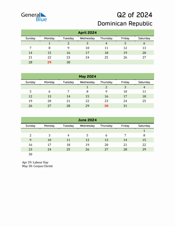 Quarterly Calendar 2024 with Dominican Republic Holidays