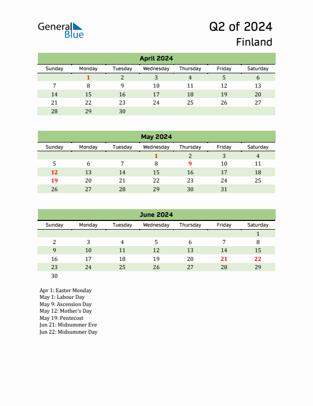 Quarterly Calendar 2024 with Finland Holidays