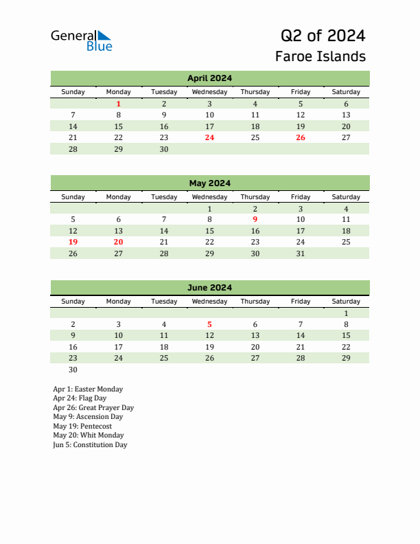 Quarterly Calendar 2024 with Faroe Islands Holidays