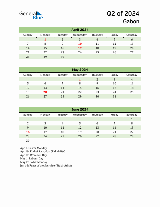 Quarterly Calendar 2024 with Gabon Holidays