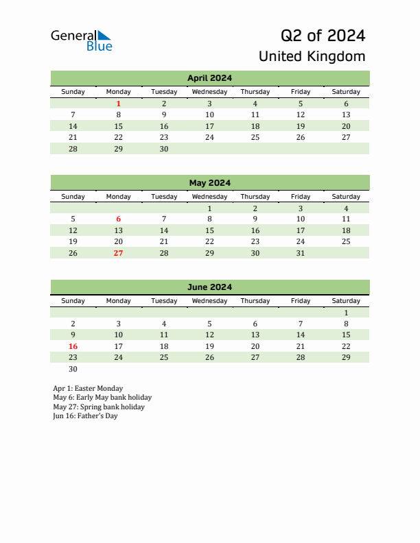 Quarterly Calendar 2024 with United Kingdom Holidays