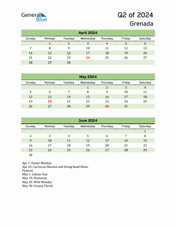 Quarterly Calendar 2024 with Grenada Holidays