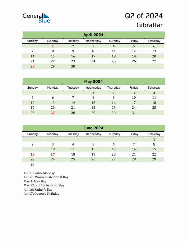 Quarterly Calendar 2024 with Gibraltar Holidays