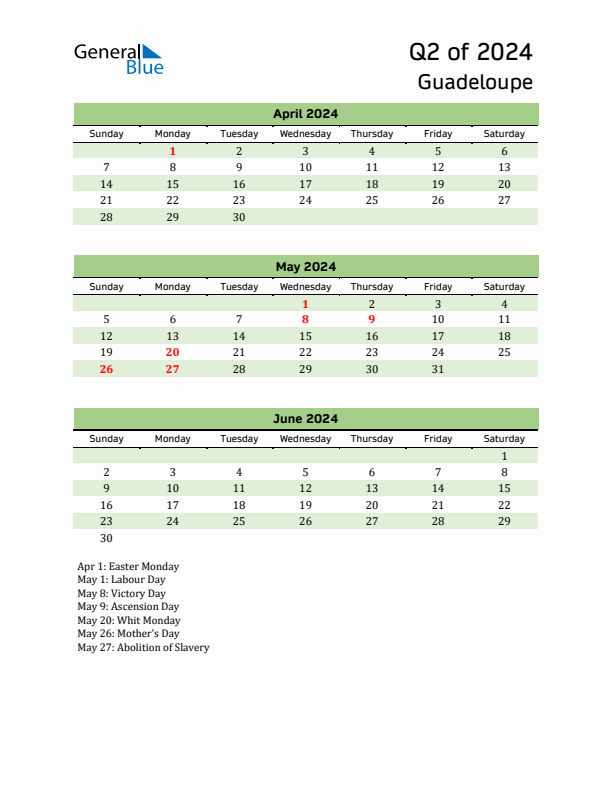 Quarterly Calendar 2024 with Guadeloupe Holidays