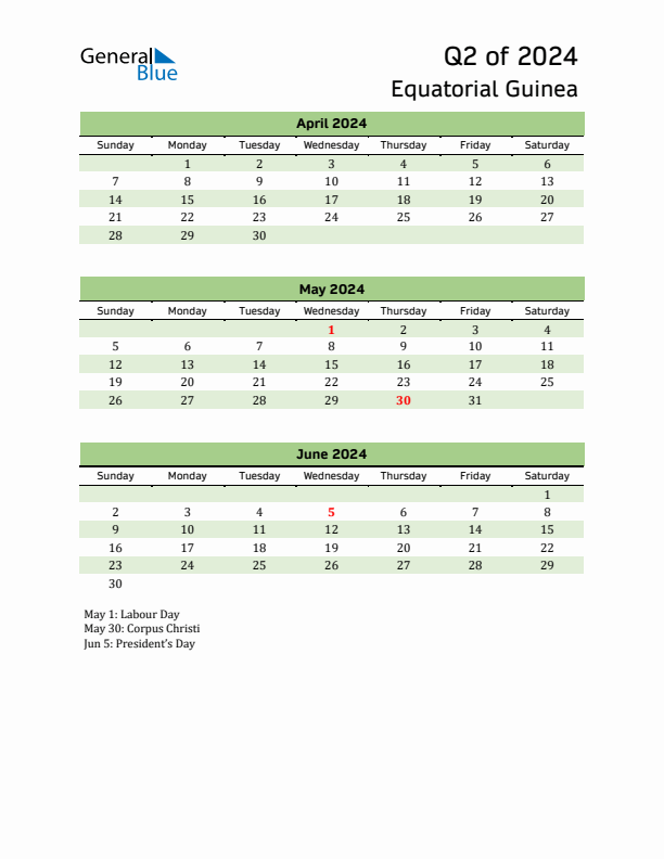 Quarterly Calendar 2024 with Equatorial Guinea Holidays