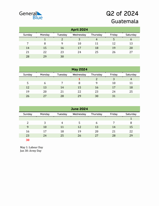 Quarterly Calendar 2024 with Guatemala Holidays