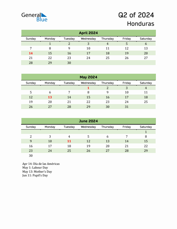 Quarterly Calendar 2024 with Honduras Holidays