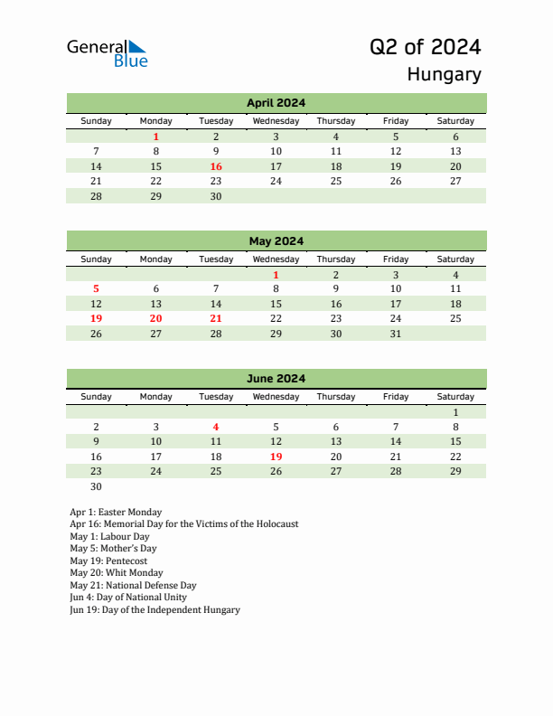 Quarterly Calendar 2024 with Hungary Holidays