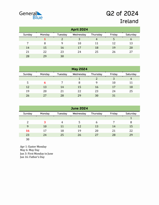 Quarterly Calendar 2024 with Ireland Holidays