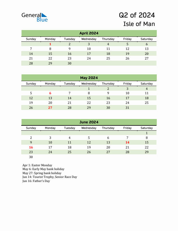 Quarterly Calendar 2024 with Isle of Man Holidays