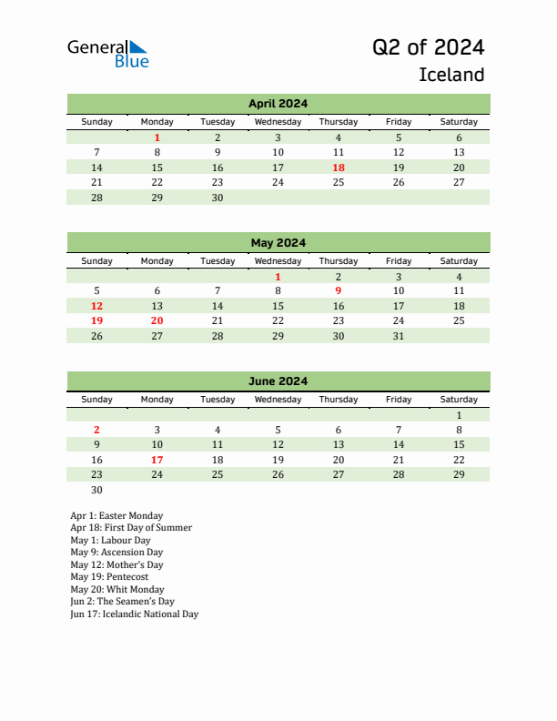 Quarterly Calendar 2024 with Iceland Holidays