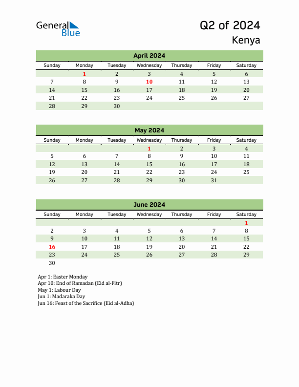 Quarterly Calendar 2024 with Kenya Holidays