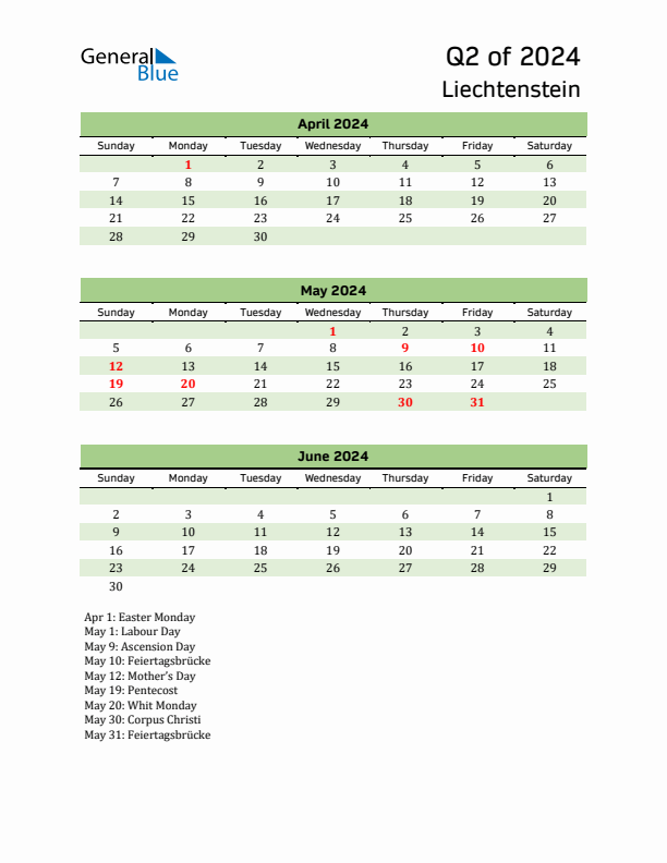 Quarterly Calendar 2024 with Liechtenstein Holidays