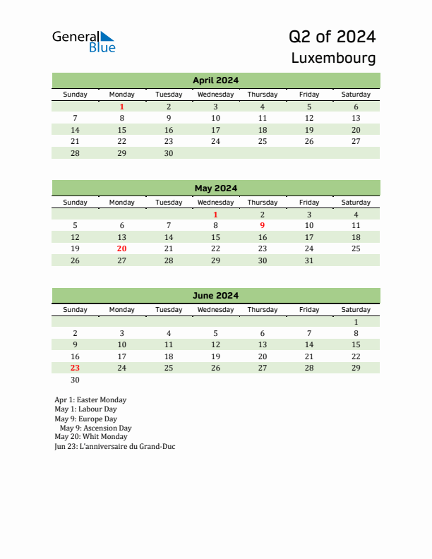 Quarterly Calendar 2024 with Luxembourg Holidays