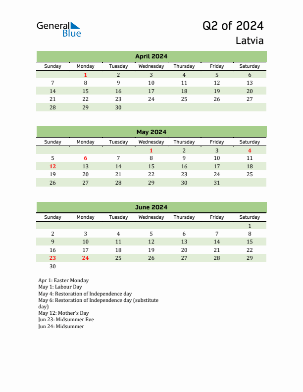 Quarterly Calendar 2024 with Latvia Holidays