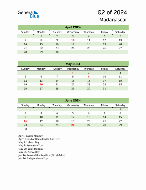 Quarterly Calendar 2024 with Madagascar Holidays