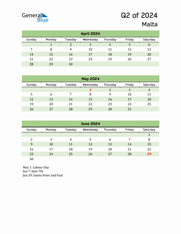 Quarterly Calendar 2024 with Malta Holidays