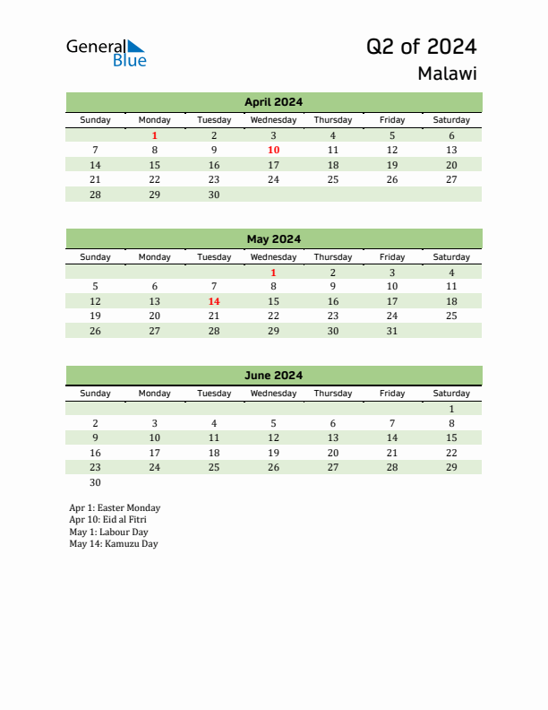 Quarterly Calendar 2024 with Malawi Holidays