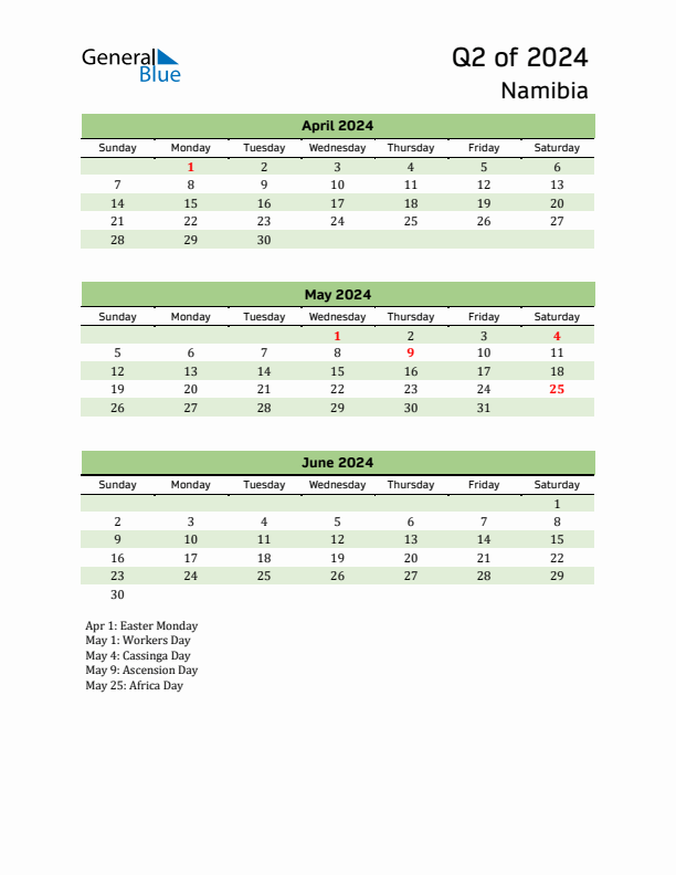 Quarterly Calendar 2024 with Namibia Holidays