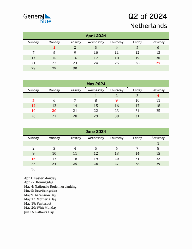 Quarterly Calendar 2024 with The Netherlands Holidays